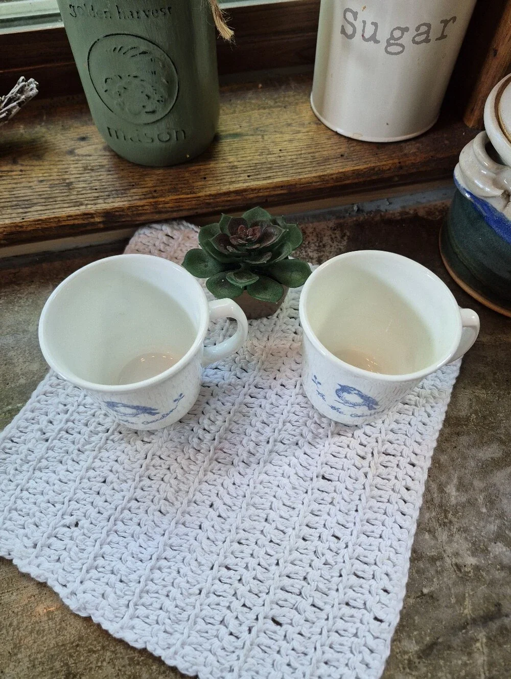 2pc. Vintage Corning In The Garden Blue Bird USA Coffee Mug Set